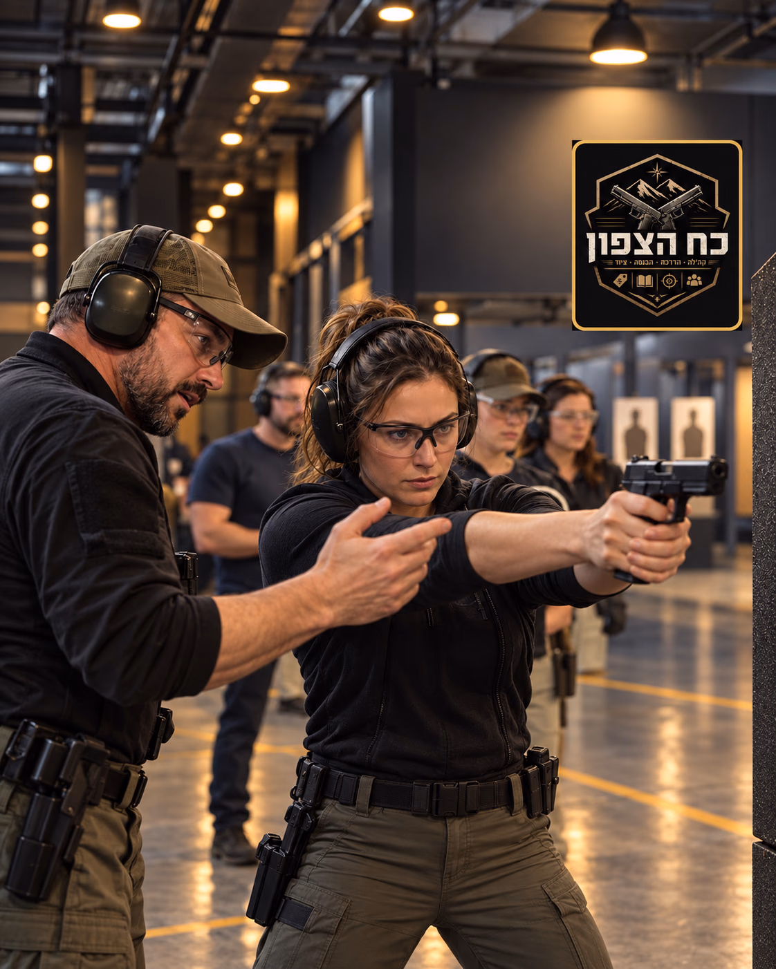 Shooting instructor guiding a trainee at the range beside the Koach Hatzafon emblem