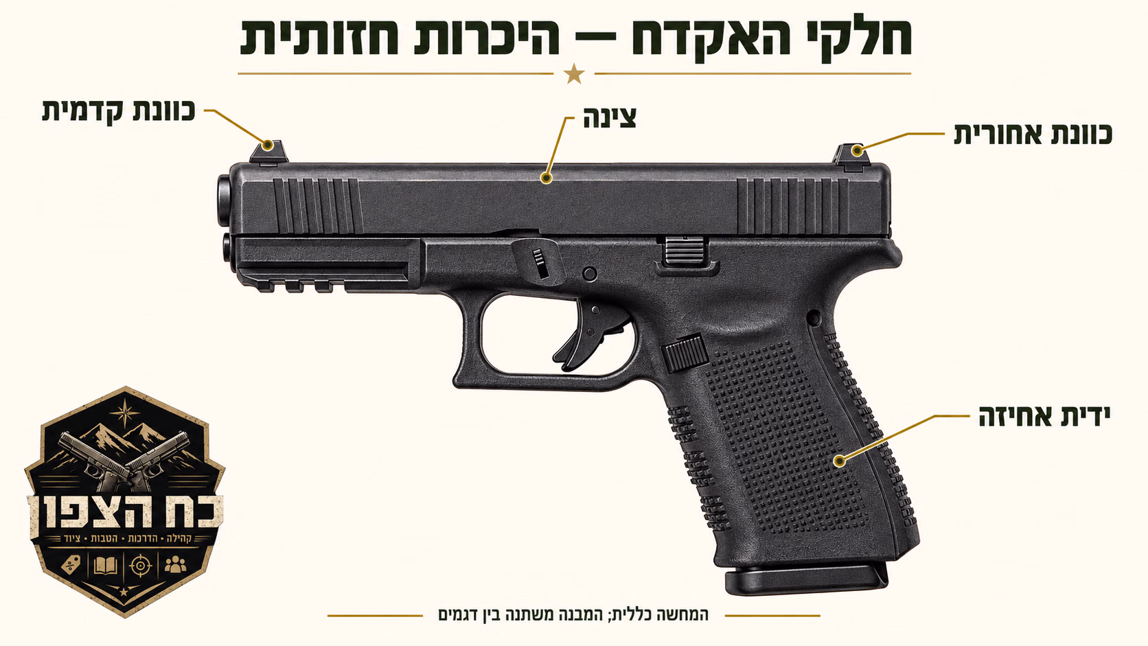המחשה חיצונית של צינה, ידית אחיזה וכוונות: הכוונת הקדמית סמוכה ללוע והכוונת האחורית בקצה האחורי.